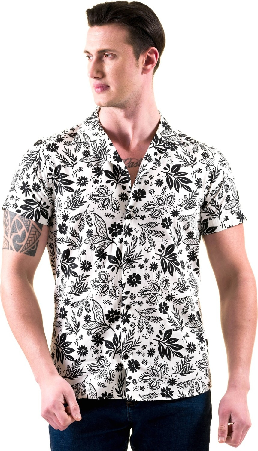 Эксклюзивная белая рубашка с черным цветком и листьями из хлопка с гавайским кружевным воротником и короткими рукавами на лето.