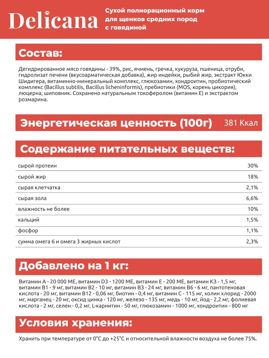 ProРацион Delicana Корм сухой для щенков средних пород Говядина 1.5 кг
