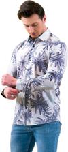 Мужская рубашка Exve Exclusive белая с орнаментом из голубых и зеленых гавайских пальмовых деревьев на льне с узором "пламя" с узким кроем и длинным рукавом.