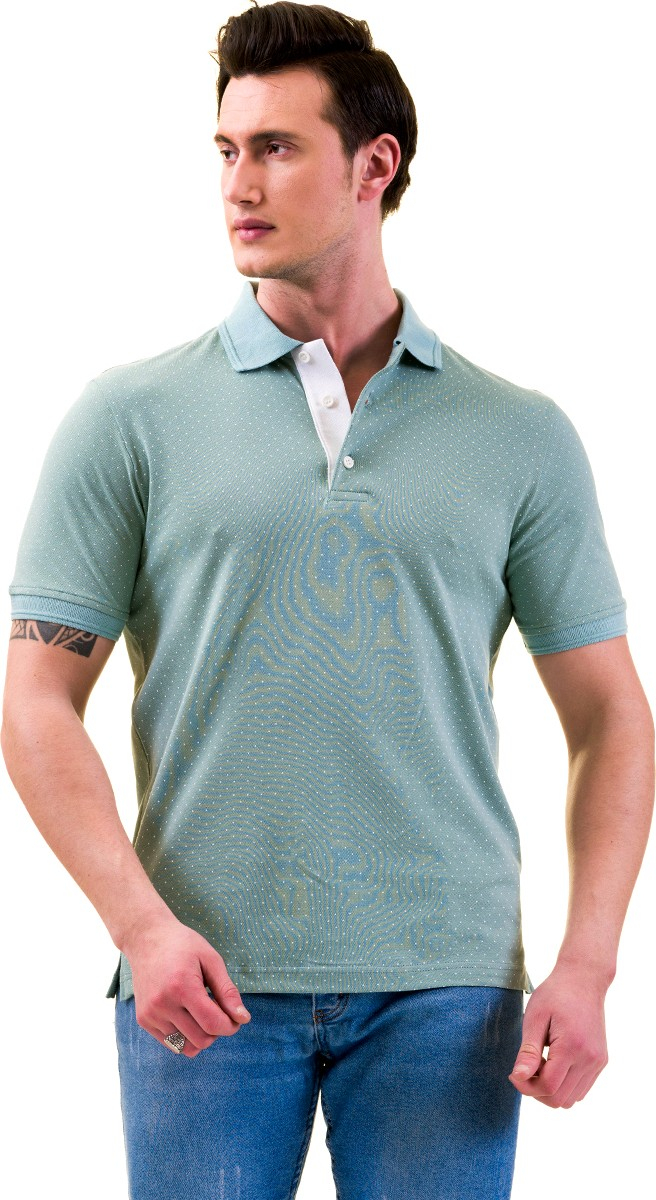 Exve Exclusive Green Green Polo Neck Short Sleeve Cotton Slim Fit T-Shirt with White Polka Dots