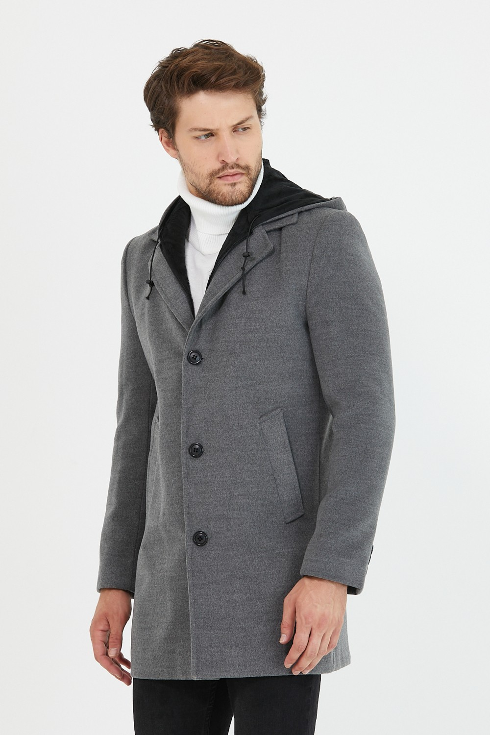 Мужское черное шерстяное пальто Mero Life с капюшоном, застежкой на молнию и пуговицы.