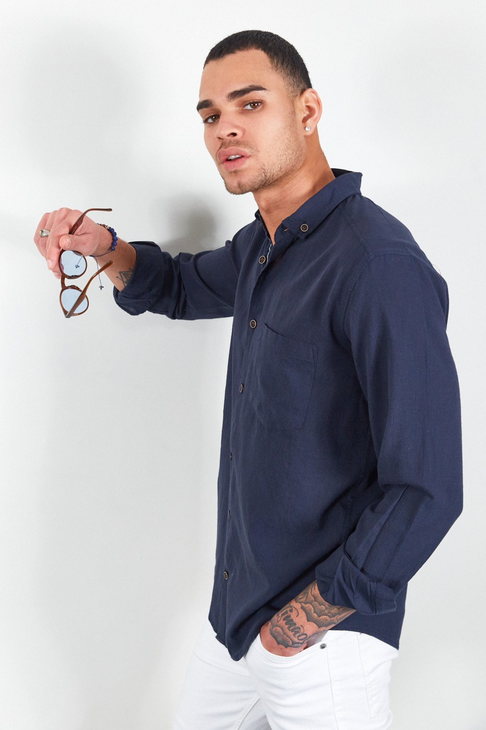 Рубашка из мужского льна Manche Manche цвета темно-синего, стиранная | MJ22S121537
