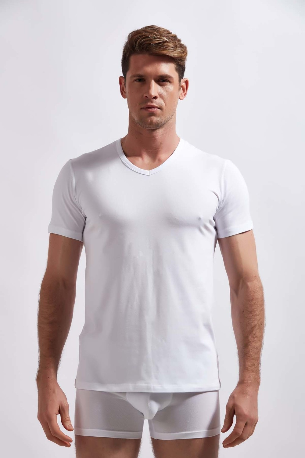 Мужская футболка с V-образным вырезом и короткими рукавами, 2 шт., из хлопка и лайкры, модель 1303.