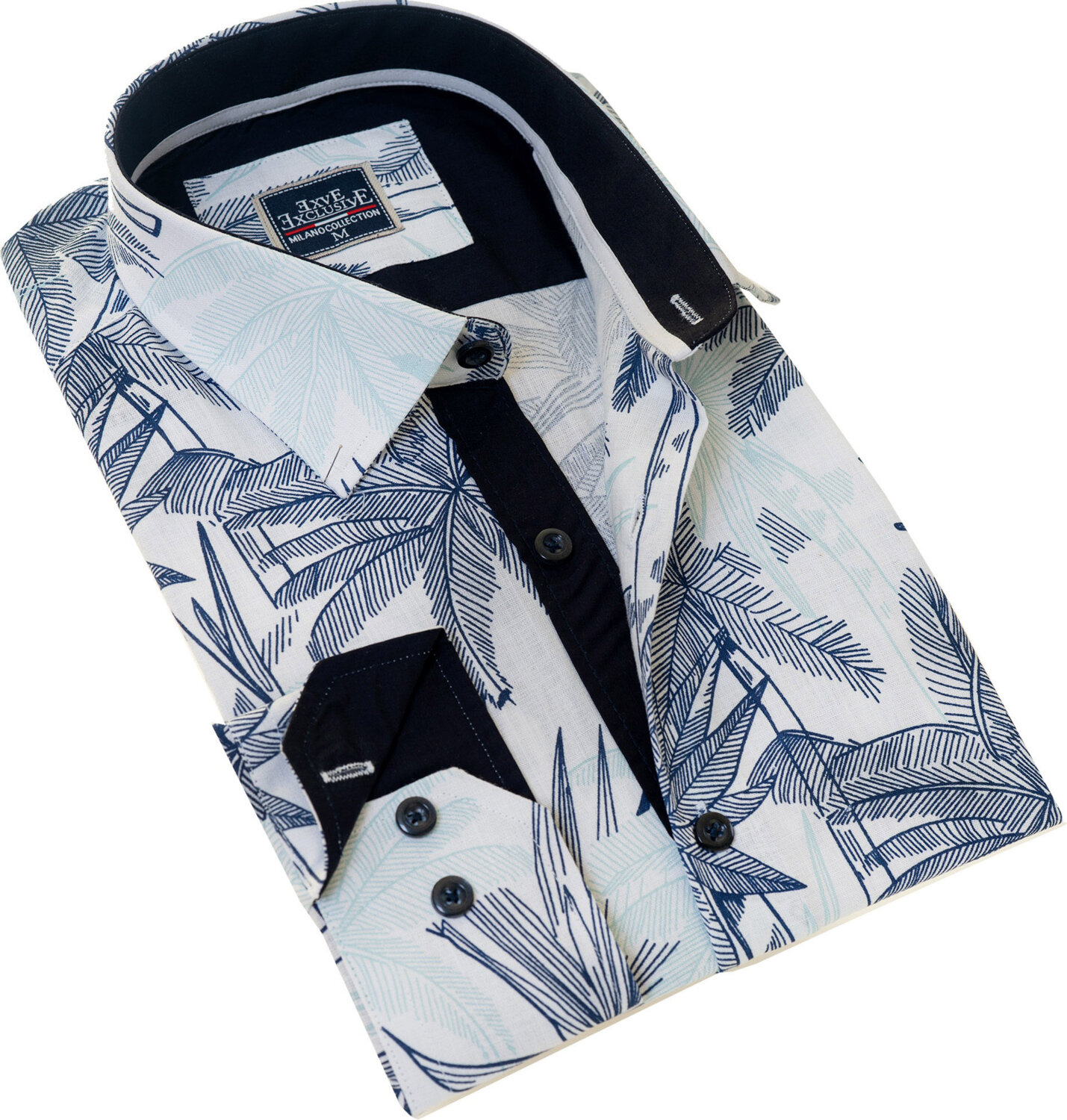Мужская рубашка Exve Exclusive белая с орнаментом из голубых и зеленых гавайских пальмовых деревьев на льне с узором "пламя" с узким кроем и длинным рукавом.