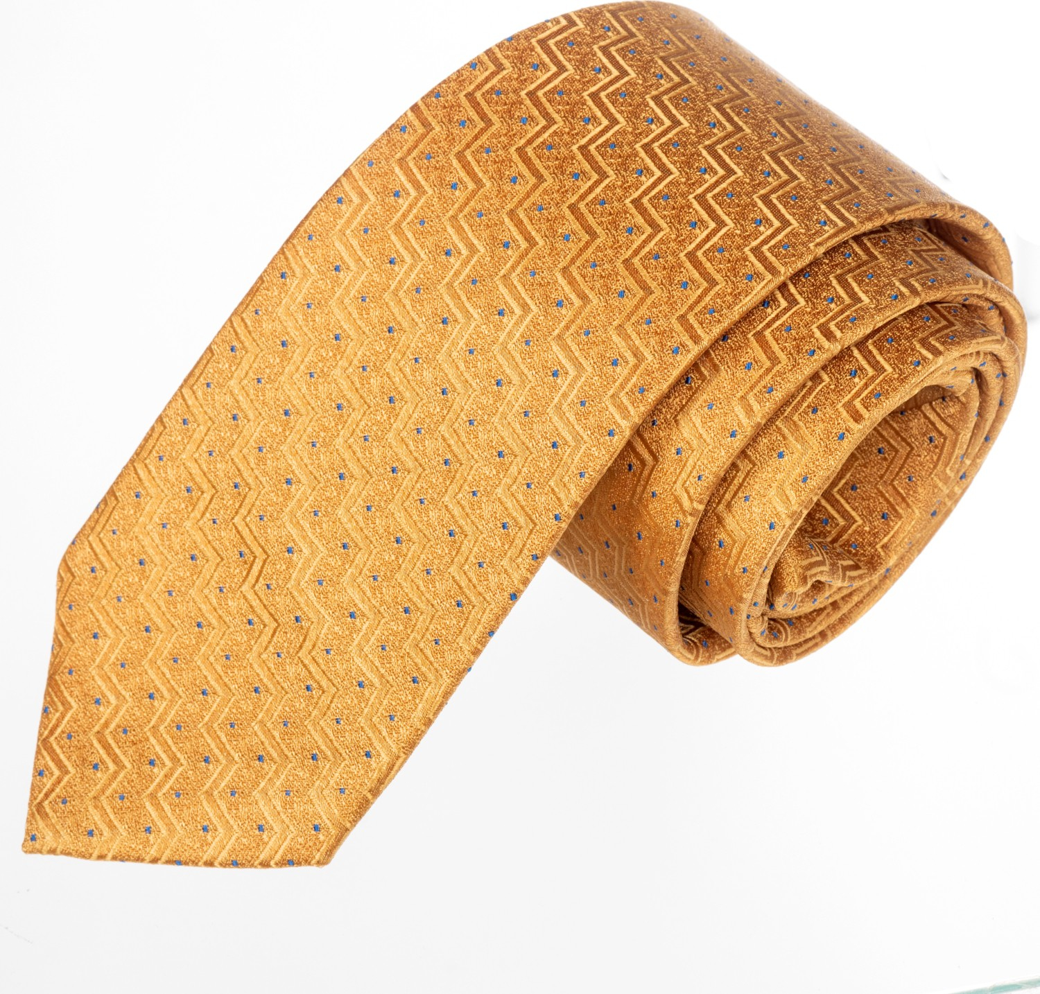 Exve Exclusive Gold Zigzag Patterned Blue Polka Dot Jacquard Woven Handcrafted Tie