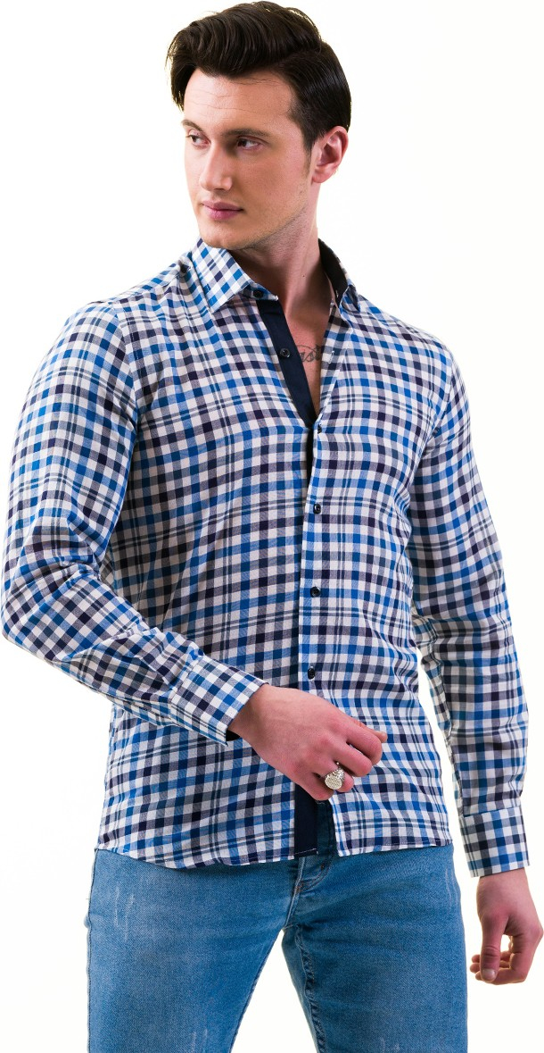 Эксклюзивная сине-синяя рубашка для мужчин с квадратным узором из хлопка в узком крое с длинным рукавом.