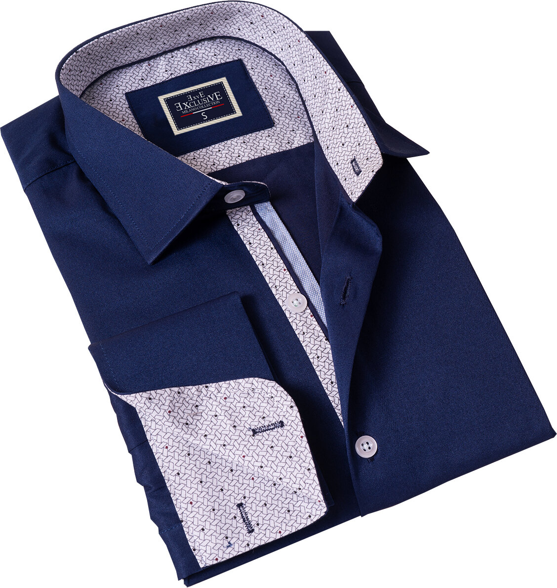 Французская рубашка Exve Exclusive с геометрическим узором бежевого на коричневом с двойными манжетами и запонками в подарочной картонной коробке.