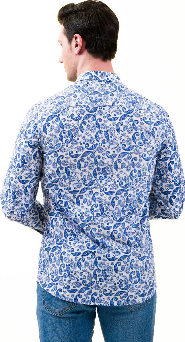 Эксклюзивная синяя рубашка для мужчин с узором пейсли в узком крое и длинным рукавом.