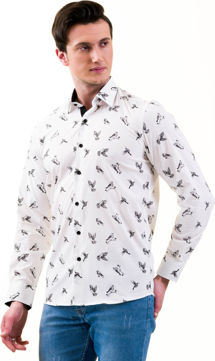 Рубашка для мужчин Slim Fit с длинным рукавом из хлопка с принтом черной птицы на белом