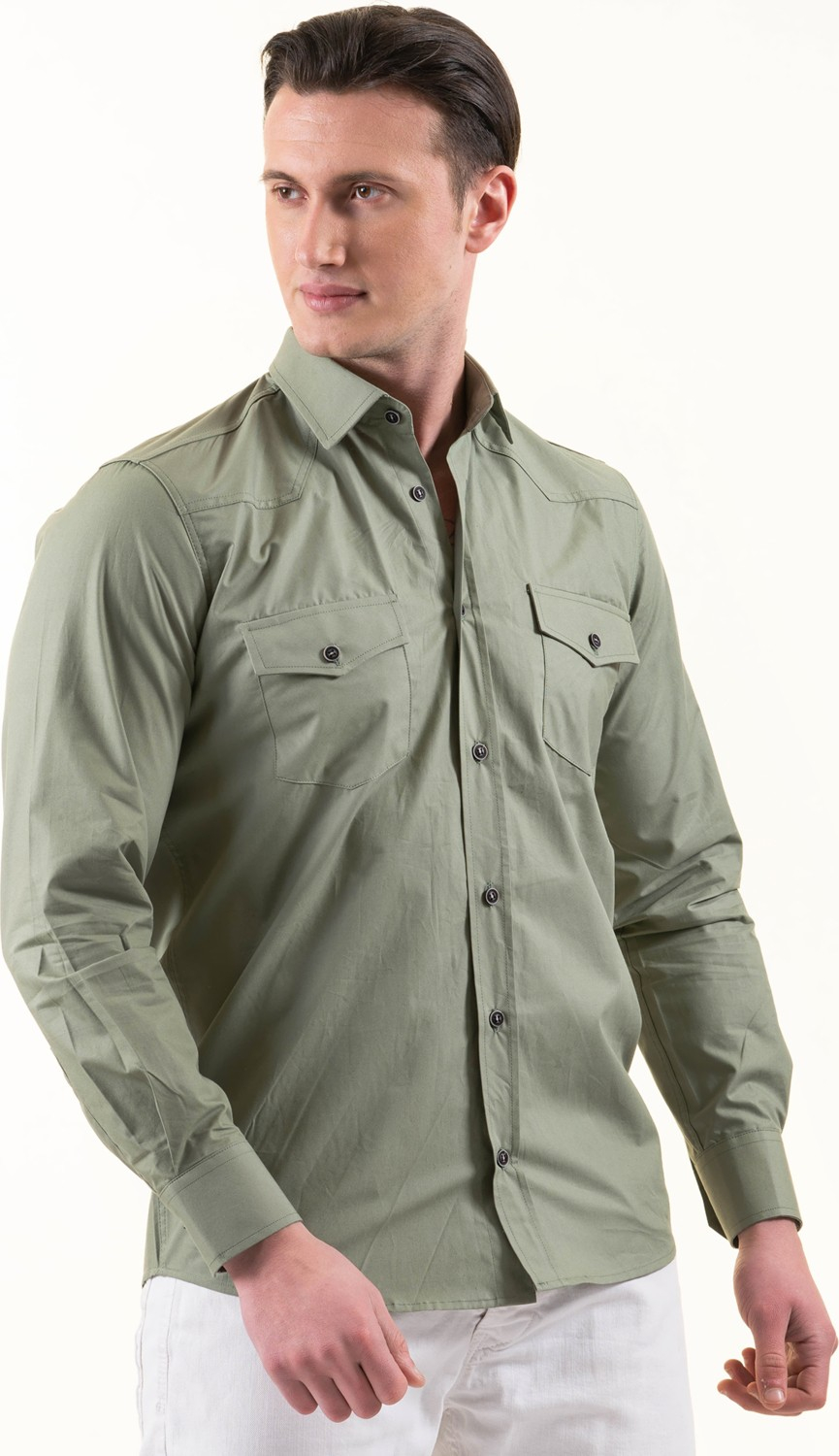 Эксклюзивная водно-зеленая хлопковая рубашка в западном стиле с узким кроем от Exve.