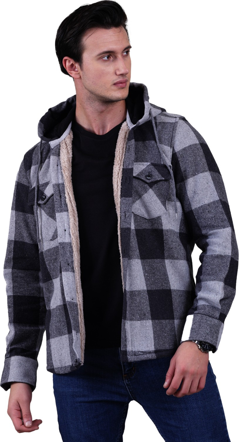 Эксклюзивная куртка-рубашка для зимнего лесоруба Exve в клетку хаки-серого цвета с капюшоном и подкладкой из меха