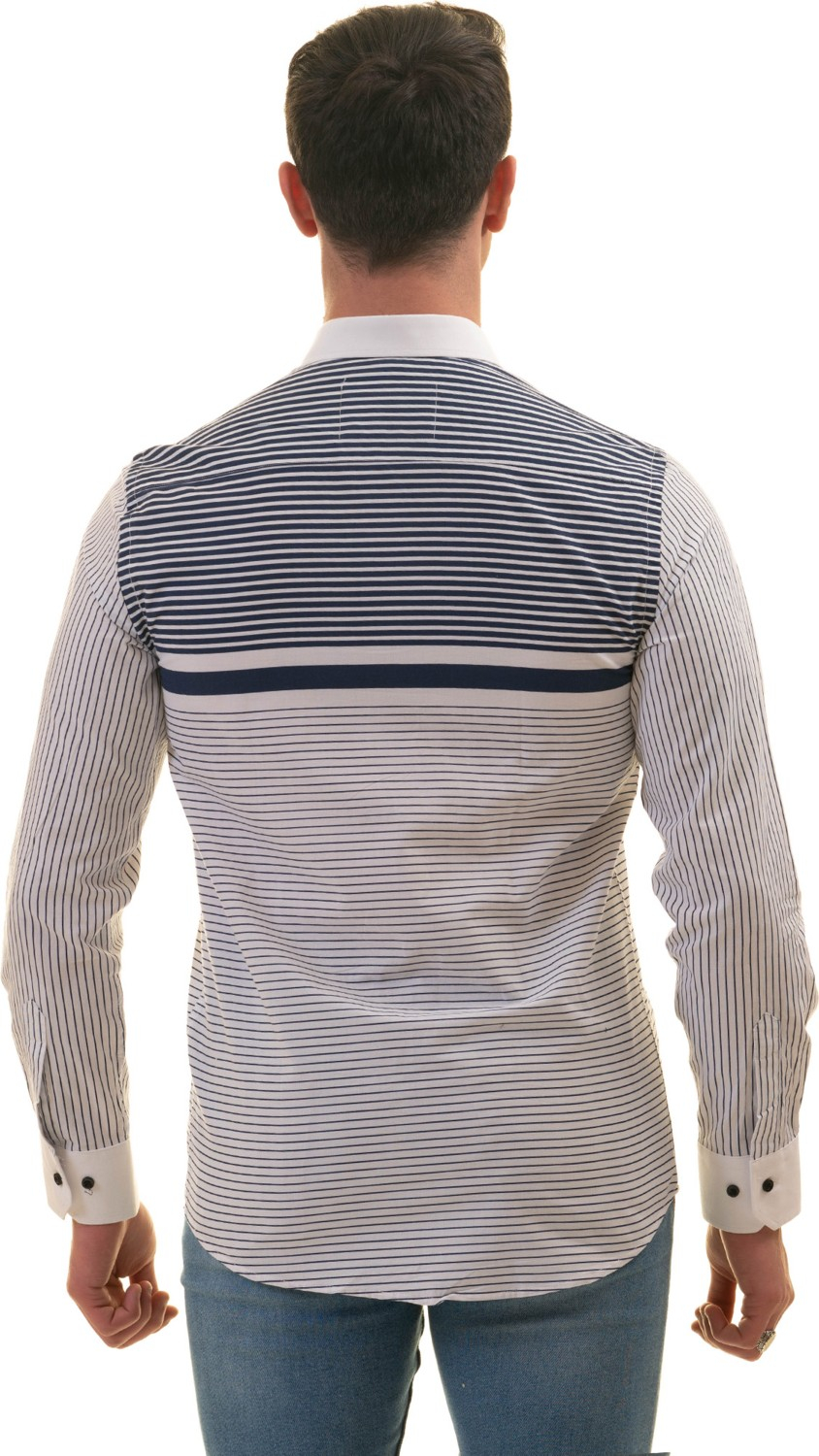 Эксклюзивная рубашка для мужчин Exve белая с темно-синими полосами на груди, специальный приталенный крой с длинным рукавом.