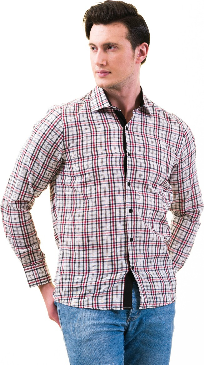 Эксклюзивная рубашка для мужчин Exve в клетку бело-красно-черную, приталенная, с длинным рукавом