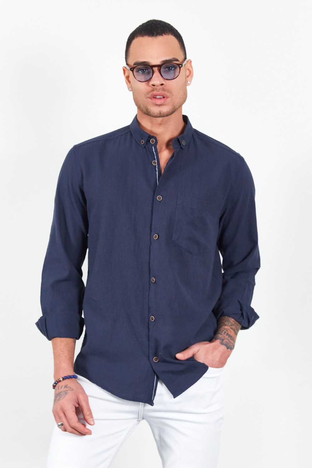 Рубашка из мужского льна Manche Manche цвета темно-синего, стиранная | MJ22S121537