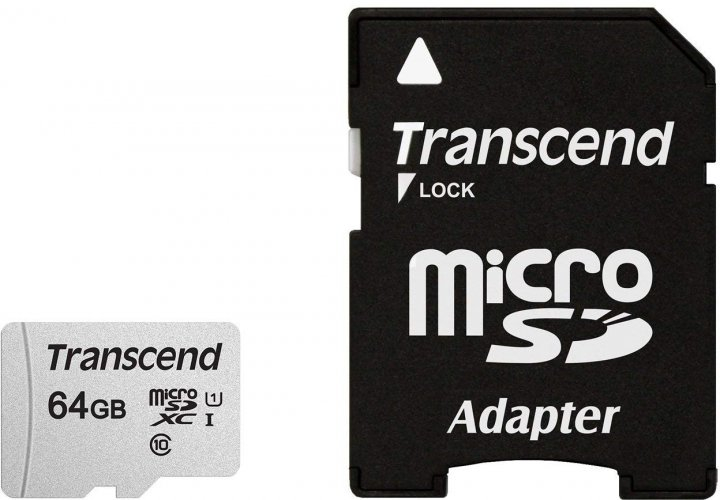 Карта памяти MicroSD 64GB Transcend, TLC, UHS-I, U1, до 60MB/s + SD Adapter (TS64GUSD300S-A)