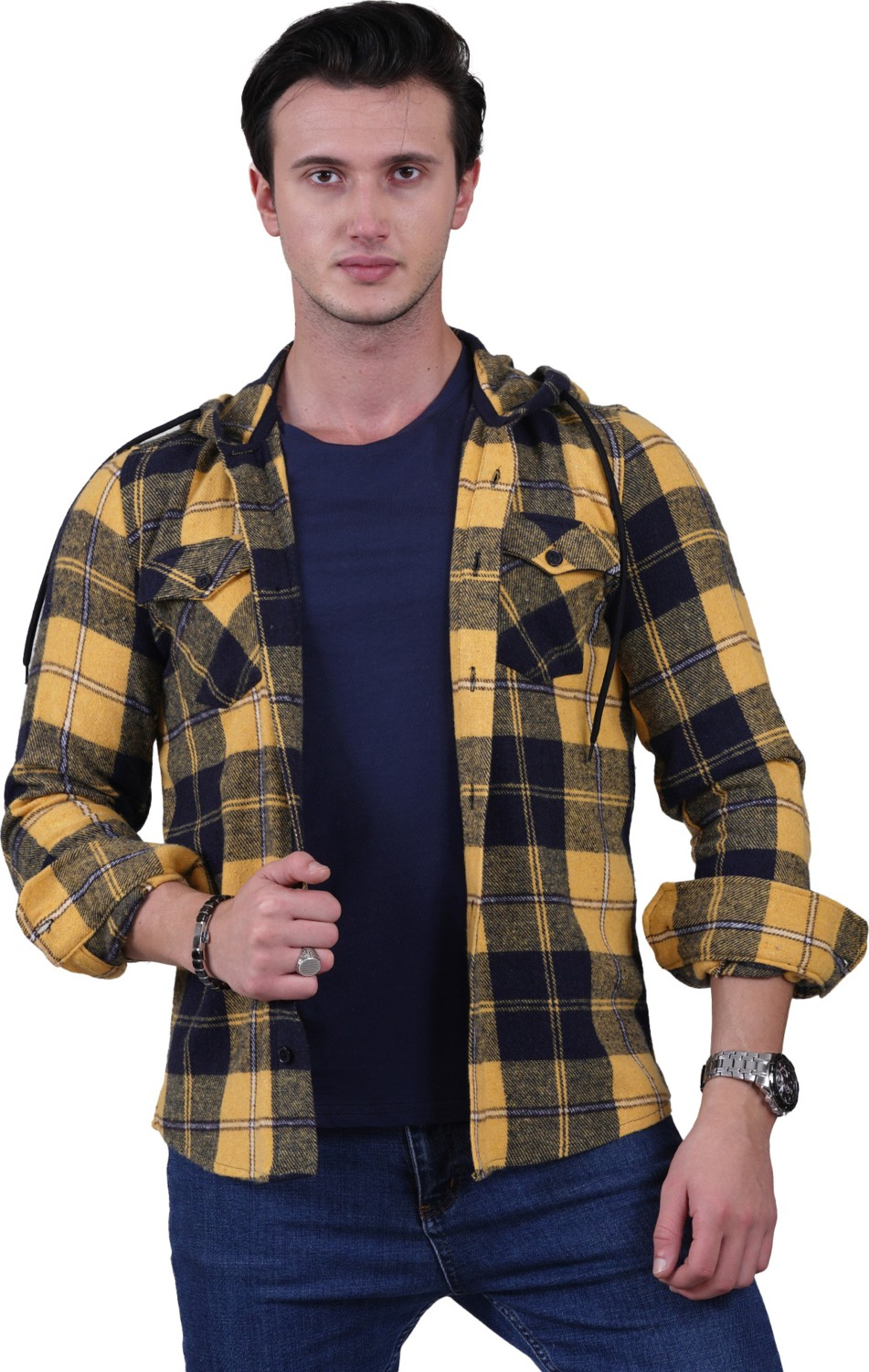 Эксклюзивная клетчатая рубашка-жакет с капюшоном и двумя карманами из шерсти на зиму.