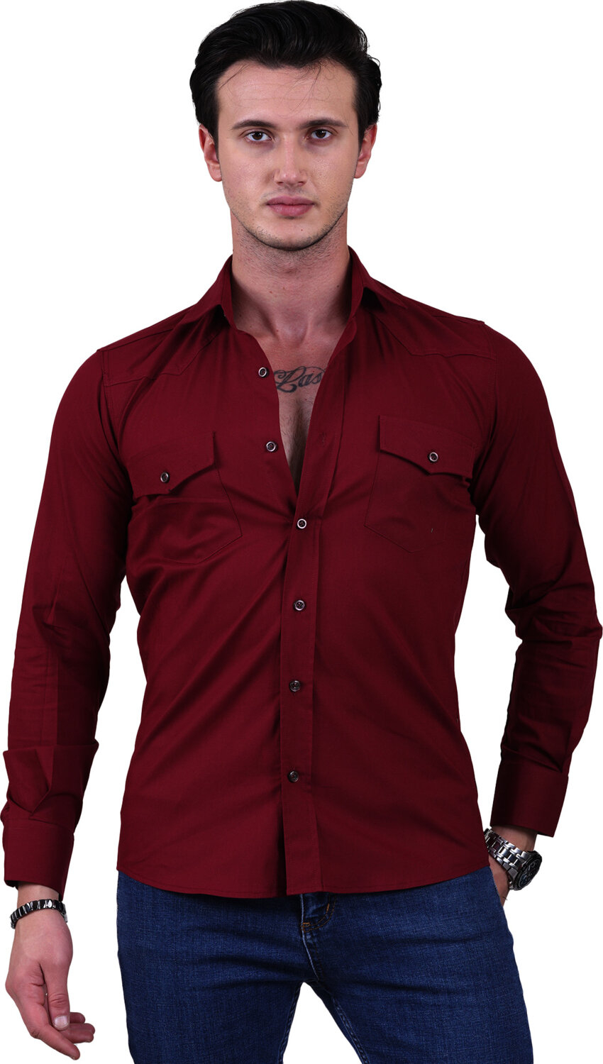 Эксклюзивная винно-красная рубашка в западном стиле Exve Slim Fit
