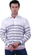 Эксклюзивная рубашка Exve белая с серыми полосками и красными деталями, специального кроя из хлопка и льна для мужчин с утонченной посадкой.
