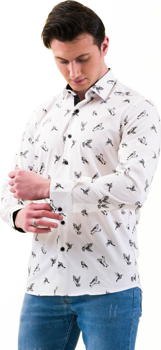 Рубашка для мужчин Slim Fit с длинным рукавом из хлопка с принтом черной птицы на белом