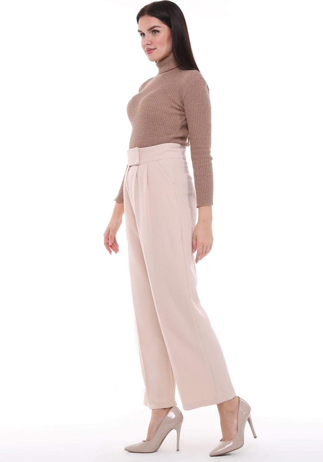 Cedy Women's Palazzo, High Waist Belt Velcro Trousers, Oversize Original Cut, C3002 Beige