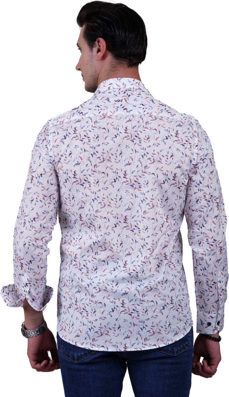 Эксклюзивная белая рубашка для мужчин в тонкую полоску из хлопка с красным на темно-синем листовом принте.