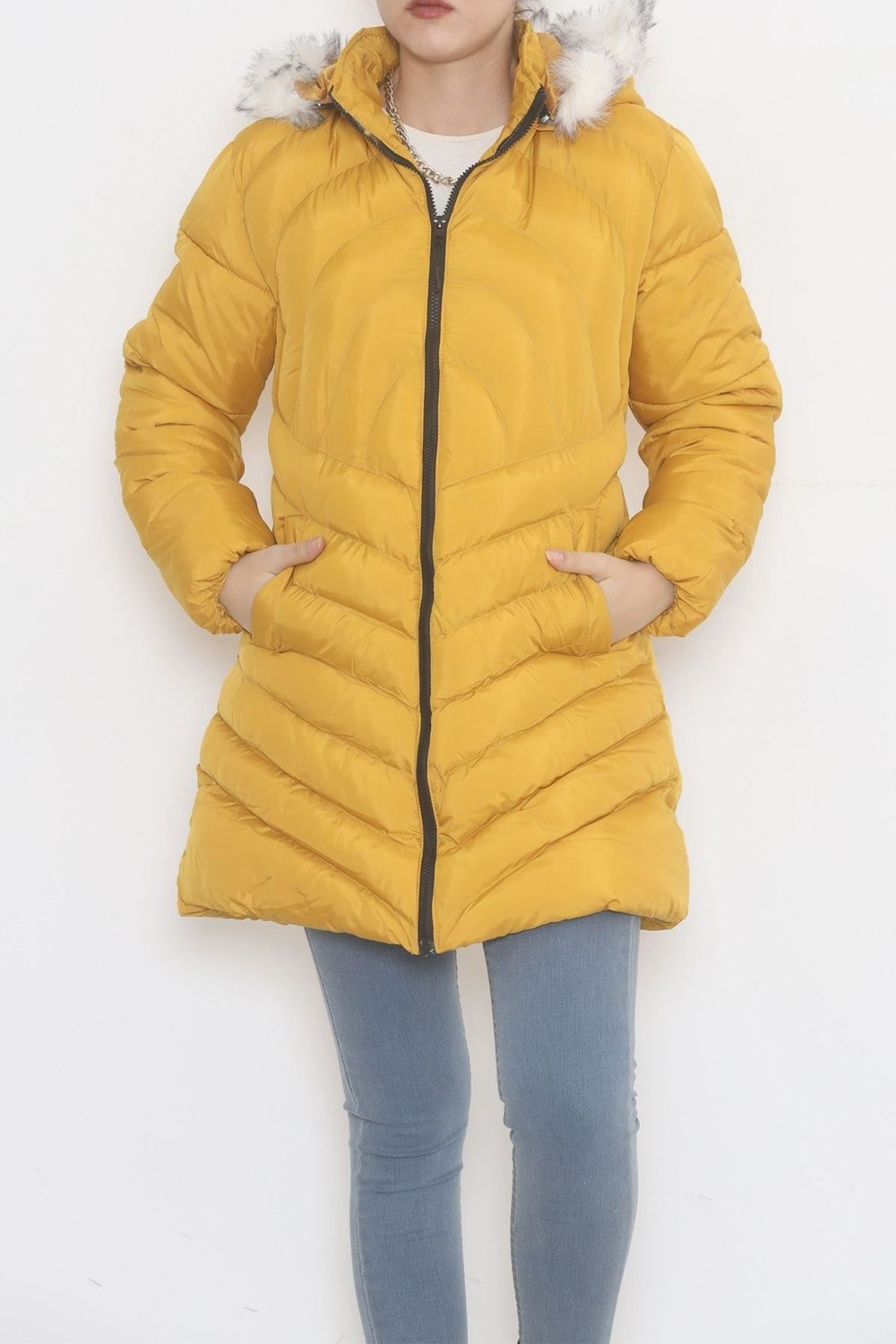 Пальто с капюшоном из меха цвета горчицы - 5129.1555.