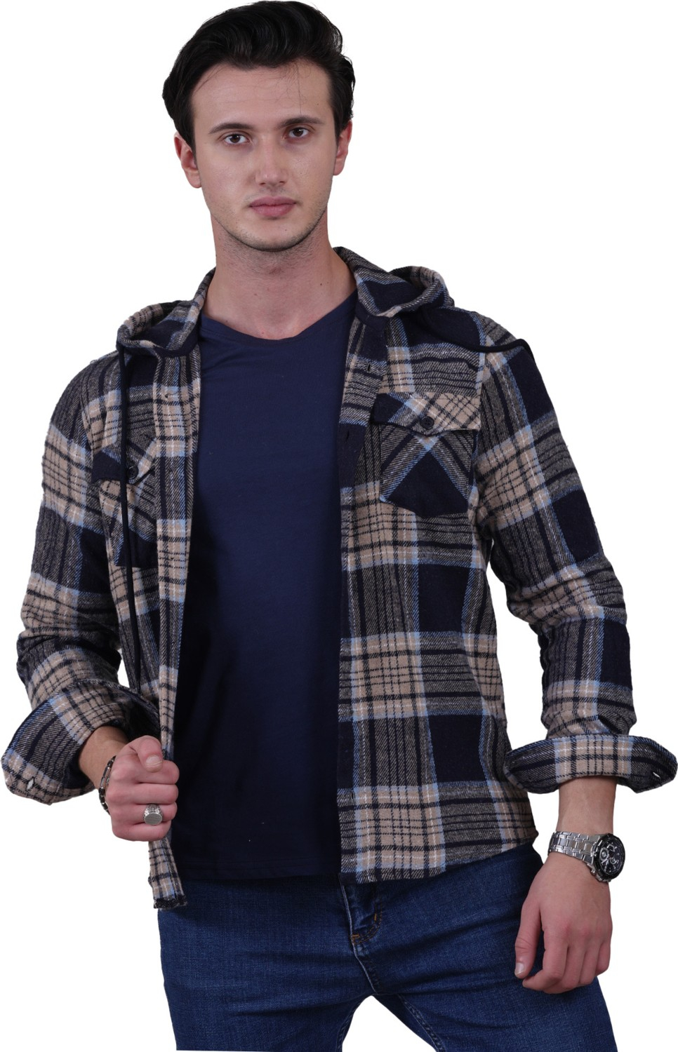Эксклюзивная клетчатая рубашка-жакет с капюшоном и двумя карманами из шерсти на зиму.