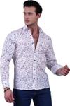 Эксклюзивная белая рубашка для мужчин в тонкую полоску из хлопка с красным на темно-синем листовом принте.