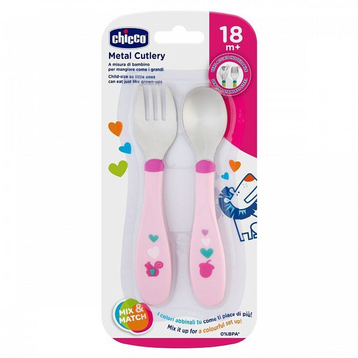 Набор Chicco MetalCutlery (ложка,вилка), 18м+, розовый