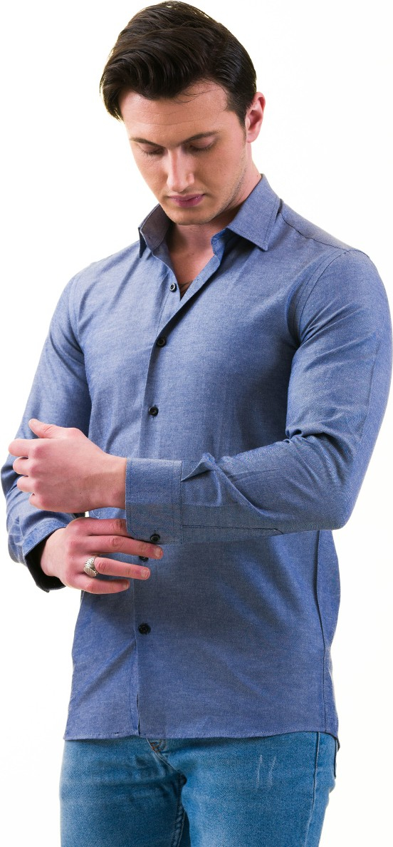 Эксклюзивная синяя рубашка Exve Exclusive Blue Navy Blue Oxford Transition из 100% хлопка с узким кроем и длинным рукавом для мужчин.