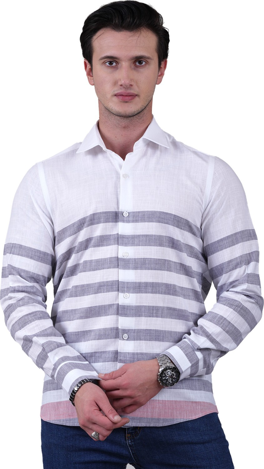 Эксклюзивная рубашка Exve белая с серыми полосками и красными деталями, специального кроя из хлопка и льна для мужчин с утонченной посадкой.