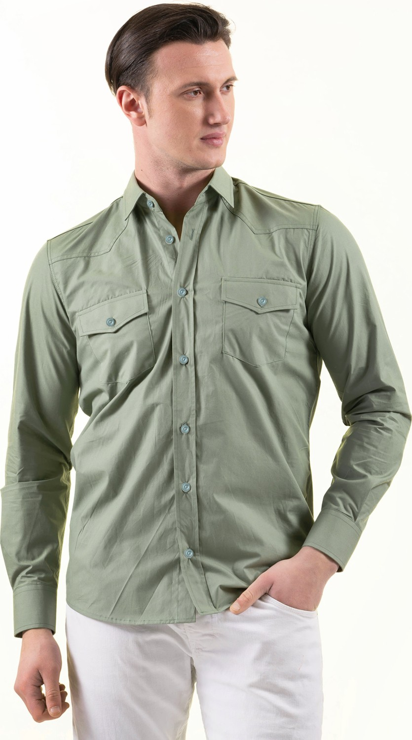 Эксклюзивная водно-зеленая хлопковая рубашка в западном стиле с узким кроем от Exve.