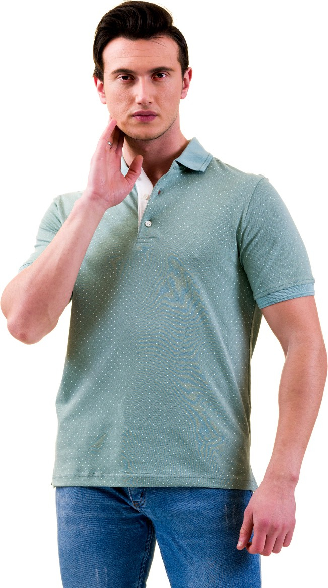 Exve Exclusive Green Green Polo Neck Short Sleeve Cotton Slim Fit T-Shirt with White Polka Dots