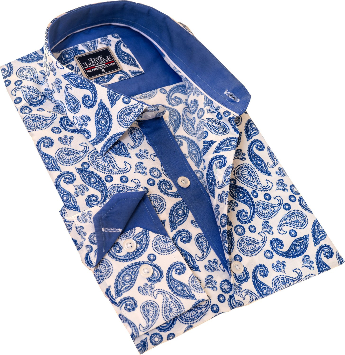 Эксклюзивная синяя рубашка для мужчин с узором пейсли в узком крое и длинным рукавом.