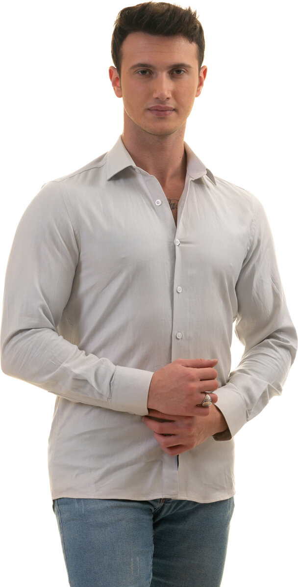 Эксклюзивная серая рубашка для мужчин с узором из 100% хлопка с длинным рукавом и приталенным кроем.
