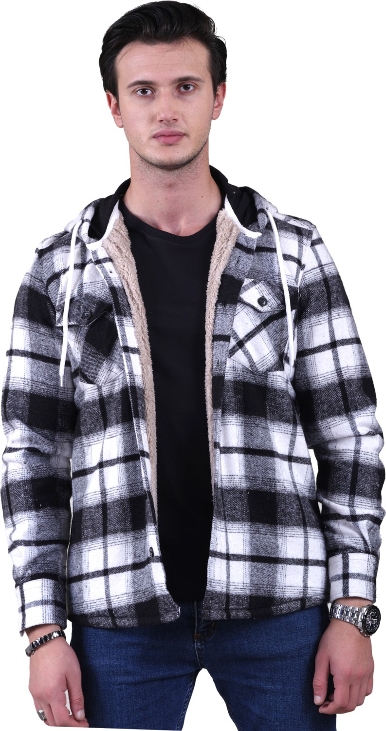 Эксклюзивная рубашка-куртка Lumberjack Exve Exclusive Saks в клетку сине-черного цвета с капюшоном и мехом внутри на зиму.