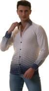 Эксклюзивная рубашка Exve белая с голубыми полосками в горошек, специальный крой, облегающий фасон.