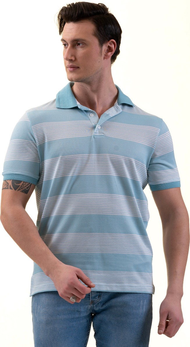 Эксклюзивная белая футболка с тонкими синими полосками Exve на пуговицах с коротким рукавом и воротником поло из хлопка слим-фит.