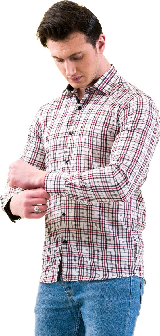 Эксклюзивная рубашка для мужчин Exve в клетку бело-красно-черную, приталенная, с длинным рукавом