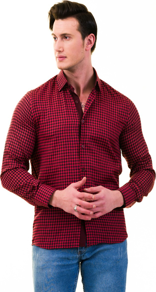 Эксклюзивная рубашка Exve в клетку красно-черная с узким кроем на длинный рукав для мужчин.